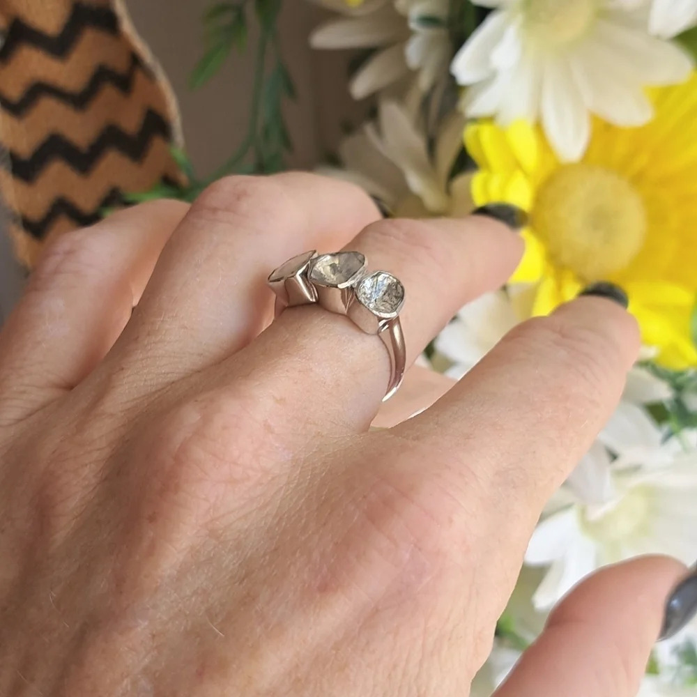 Natural Polki Diamond 3 Stone Ring In 925 Sterling Silver - Picture 4 of 5